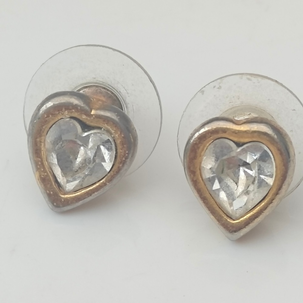 Vintage Anne Klein Two Tone Heart Crystal Stud Earrings Silver Gold Tone AK